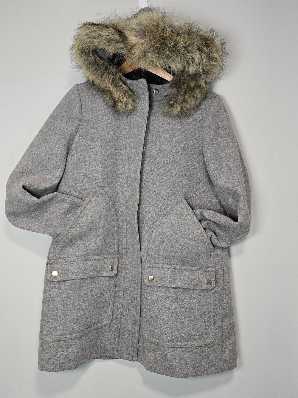J. Crew Gray Wool Hooded Pea Coat with Faux Fur Trim